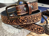 Close-up of classic horse leather belt
